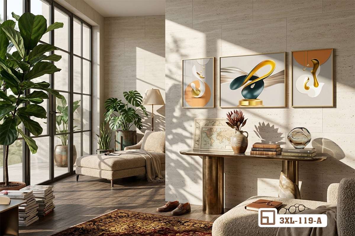 tranh hình khối trừu tượng trang trí mảng tường phòng ngủ hoàng hôn Cận cảnh bộ tranh hình khối trừu tượng treo trang trí trên bức tường phòng ngủ dưới ánh đèn vàng ấm áp