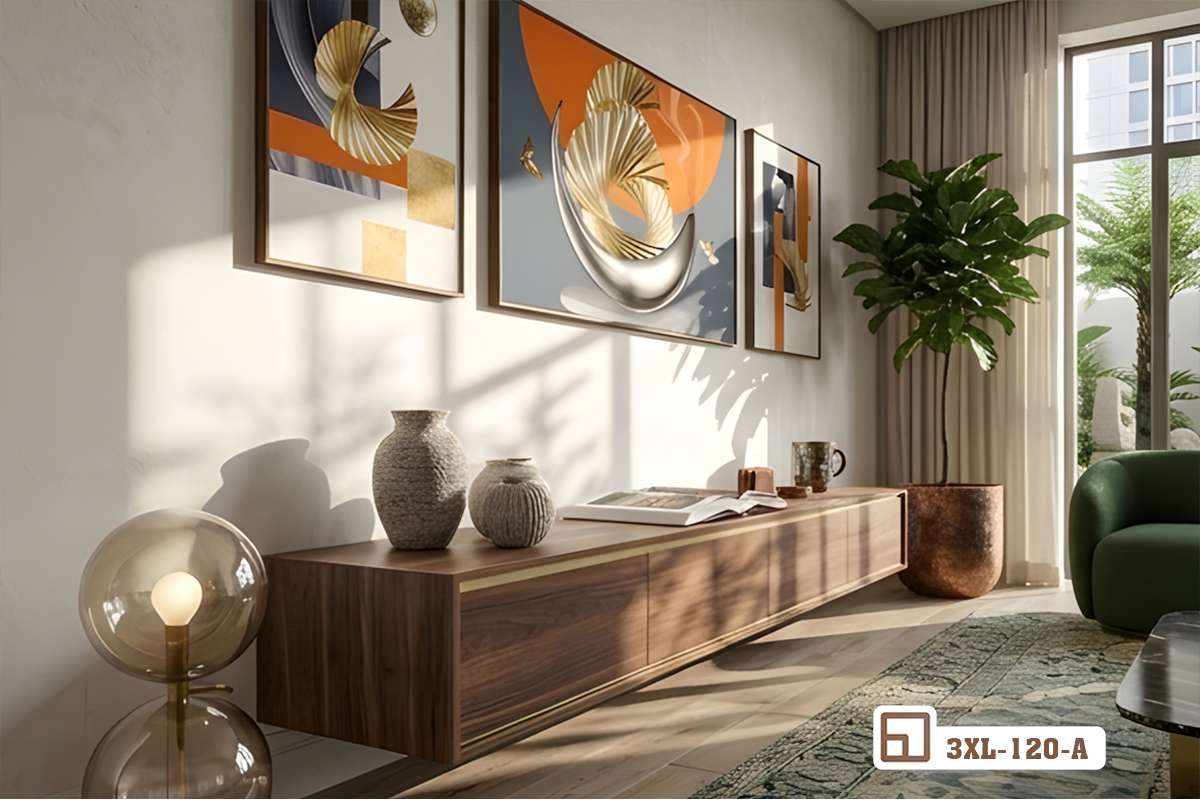 bộ tranh quạt vàng phong thủy kết hợp kệ tủ tivi gỗ trầm ấm phòng khách Không gian phòng khách ấm cúng với kệ tủ gỗ mộc kết hợp bộ tranh quạt vàng phong thủy treo tường