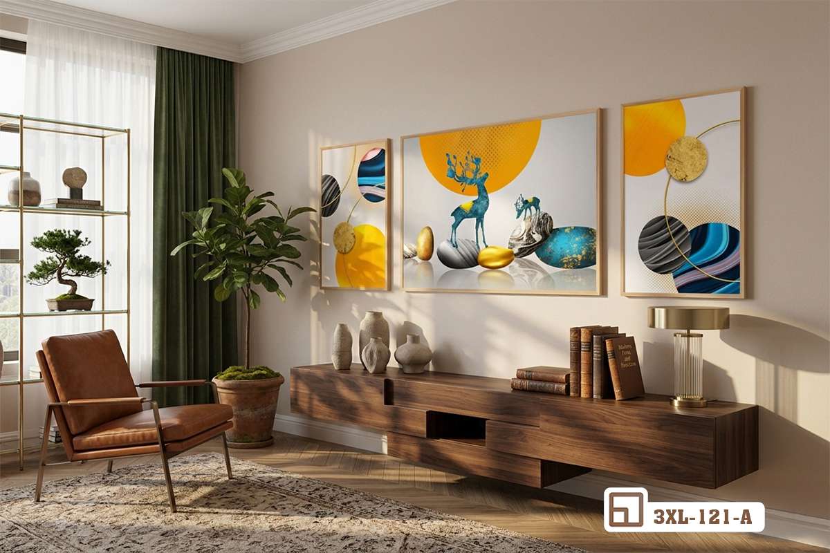 bức tranh hươu vàng nghệ thuật treo phía trên kệ tủ tivi gỗ óc chó cao cấp phối cảnh tranh hươu vàng nghệ thuật treo trên tường phòng khách cạnh tủ tivi gỗ