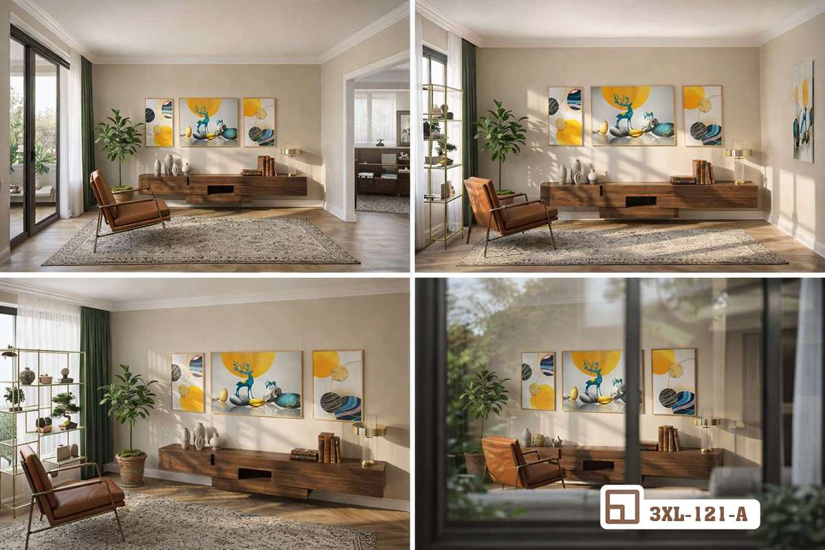 tổng hợp các góc chụp tranh hươu vàng nghệ thuật trong phòng khách biệt thự sang trọng bảng tổng hợp các phối cảnh lắp đặt tranh hươu vàng nghệ thuật cho không gian nhà ở