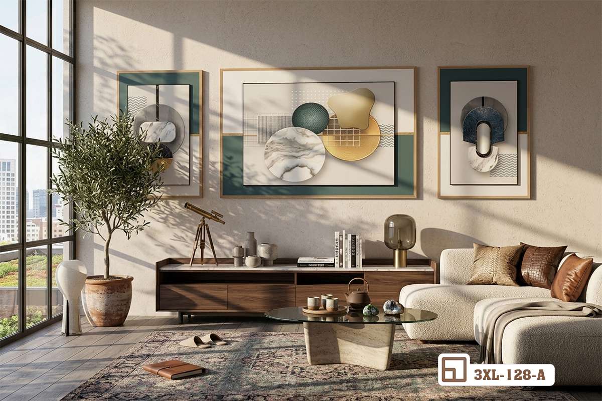 bộ tranh hình học Bắc Âu đặt trang trí trên kệ tủ dài kết hợp cùng cây xanh bộ tranh decor hình học phong cách Bắc Âu trưng bày trên kệ gỗ tại phòng khách