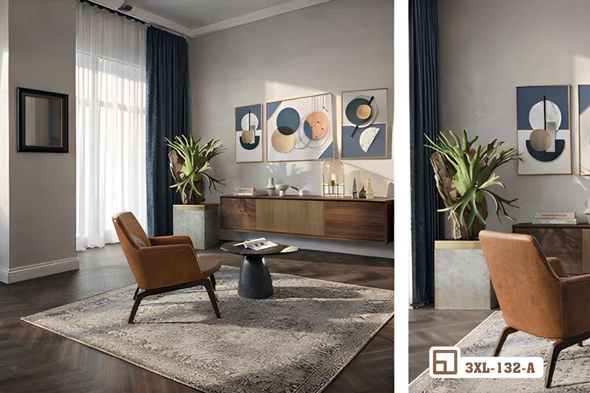 tranh treo tường hiện đại kết hợp ghế bành da và bàn trà tối giản sang trọng bộ tranh treo tường hiện đại bố trí trong phòng khách cạnh ghế bành da và bàn trà nhỏ gọn