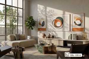 Tranh hình học đối xứng - Dấu ấn đương đại kiến tạo không gian mở 3XL 135 A m7 trang hoang phong khach tranh hinh hoc doi xung xuongtranhcanvas
