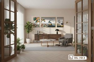 Tranh hươu vàng tài lộc - Kiệt tác hòa quyện thiên nhiên và vượng khí 3XL 142 A m2 bo tranh huou vang tai loc treo phong khach sang sua xuongtranhcanvas