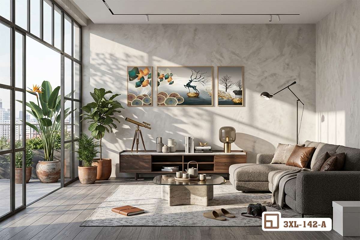 tranh tài lộc treo tường kết hợp bộ sofa êm ái và bàn trà gỗ mộc mạc bộ tranh tài lộc điểm tô bức tường phòng khách hiện đại cạnh bộ sofa da và bàn trà gỗ