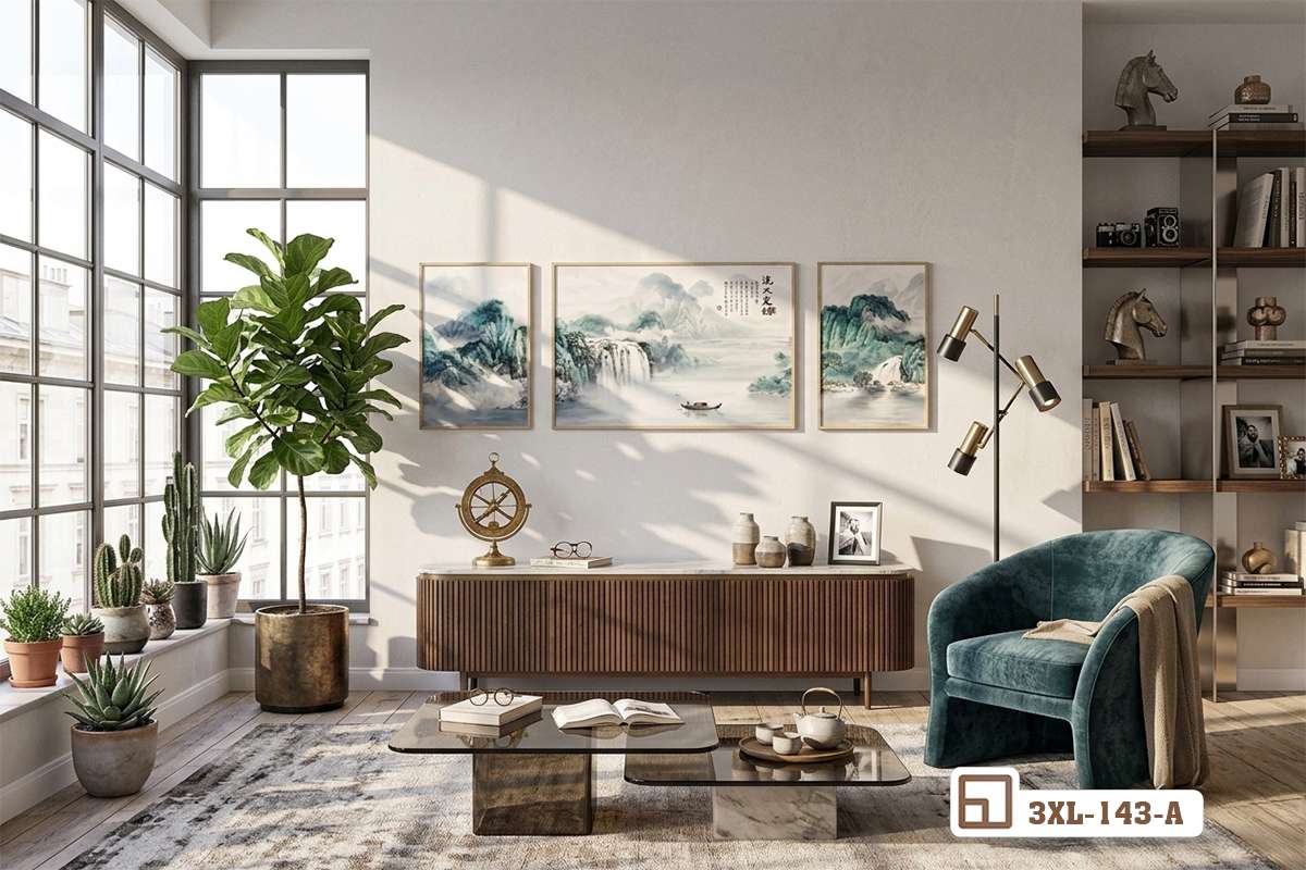 tranh thủy mặc sơn thủy treo tường phòng khách ghế sofa xanh sang trọng Góc nhìn toàn cảnh phòng khách hiện đại với bộ tranh thủy mặc sơn thủy và ghế sofa nhung xanh