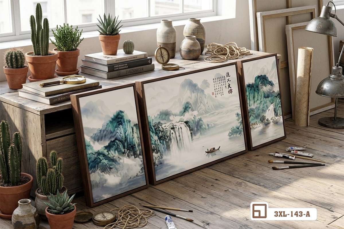 tranh thủy mặc sơn thủy tựa góc xưởng mộc cùng các chậu cây cảnh nhỏ Phối cảnh bộ tranh thủy mặc sơn thủy chưa treo tựa sát kệ gỗ tại xưởng tranh thủ công