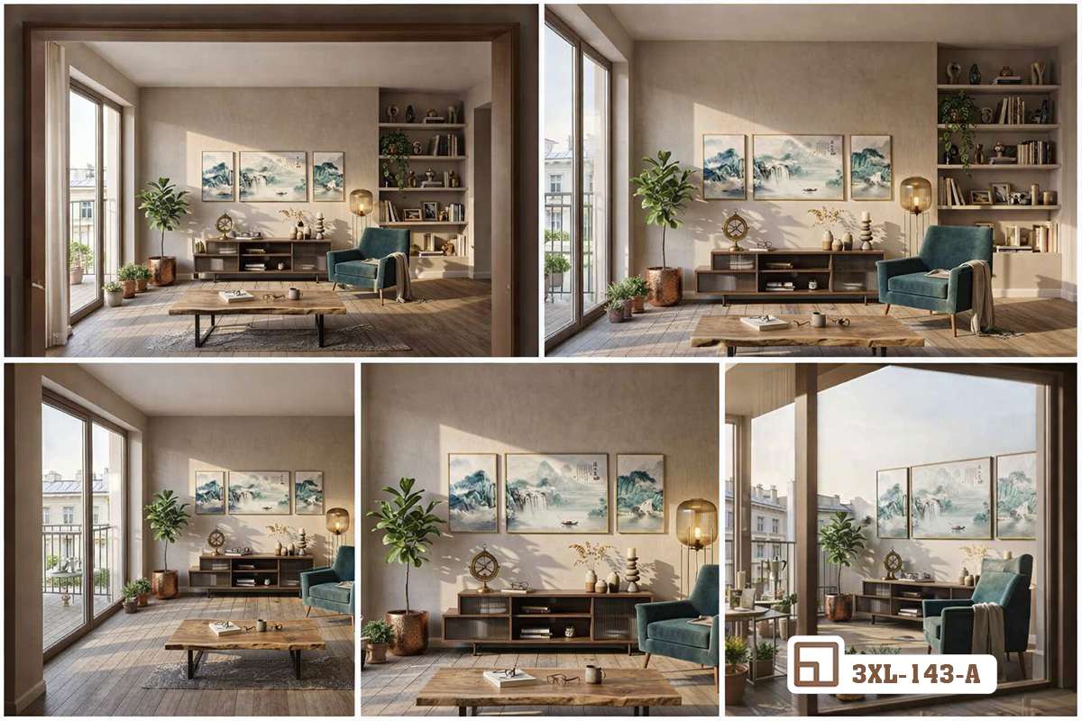 tranh thủy mặc sơn thủy bảng phối cảnh tổng hợp nhiều góc chụp nội thất Tổng hợp các góc nhìn phối cảnh chi tiết không gian trưng bày bộ tranh thủy mặc sơn thủy