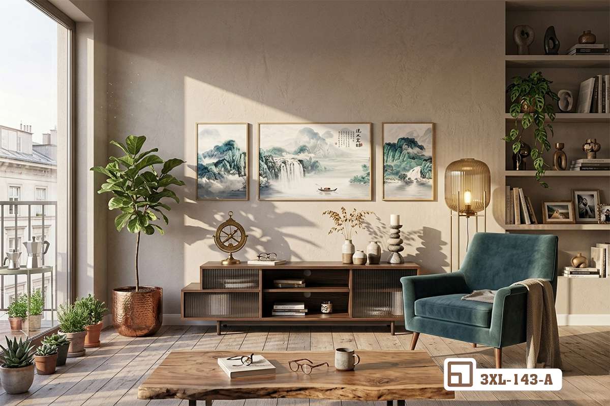 tranh thủy mặc sơn thủy góc rộng không gian tối giản trang trí chậu cây Phối cảnh góc rộng toàn bộ khu vực tiếp khách sang trọng với bộ tranh thủy mặc sơn thủy