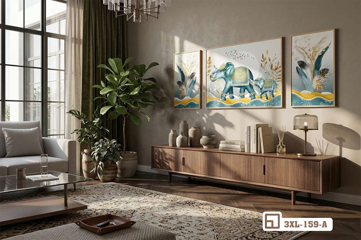 tranh phong thủy treo tường kết hợp bộ sofa êm ái và cây xanh trang trí góc phòng bộ tranh phong thủy treo tường phòng khách hiện đại cạnh sofa êm ái và chậu cây xanh