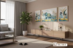 Tranh voi phong thủy vàng - Biểu tượng tài lộc và quyền uy cho gia chủ 3XL 159 A m8 set tranh voi phong thuy vang ket hop cay xanh vuong khi xuongtranhcanvas