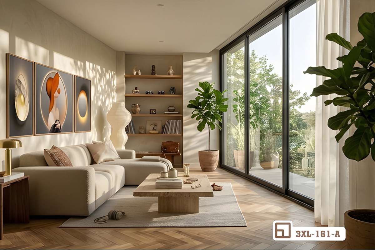 tranh trừu tượng hình khối kết hợp bàn trà gỗ tự nhiên thảm lông cao cấp Góc chụp nghiêng tinh tế bộ tranh trừu tượng hình khối phía trên kệ tivi gỗ dài hiện đại