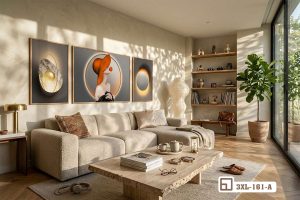 Tranh trừu tượng hình khối - Dấu ấn kiến trúc hiện đại và đầy phá cách 3XL 161 A m8 tranh truu tuong hinh khoi duoi anh sang vang lung linh xuongtranhcanvas