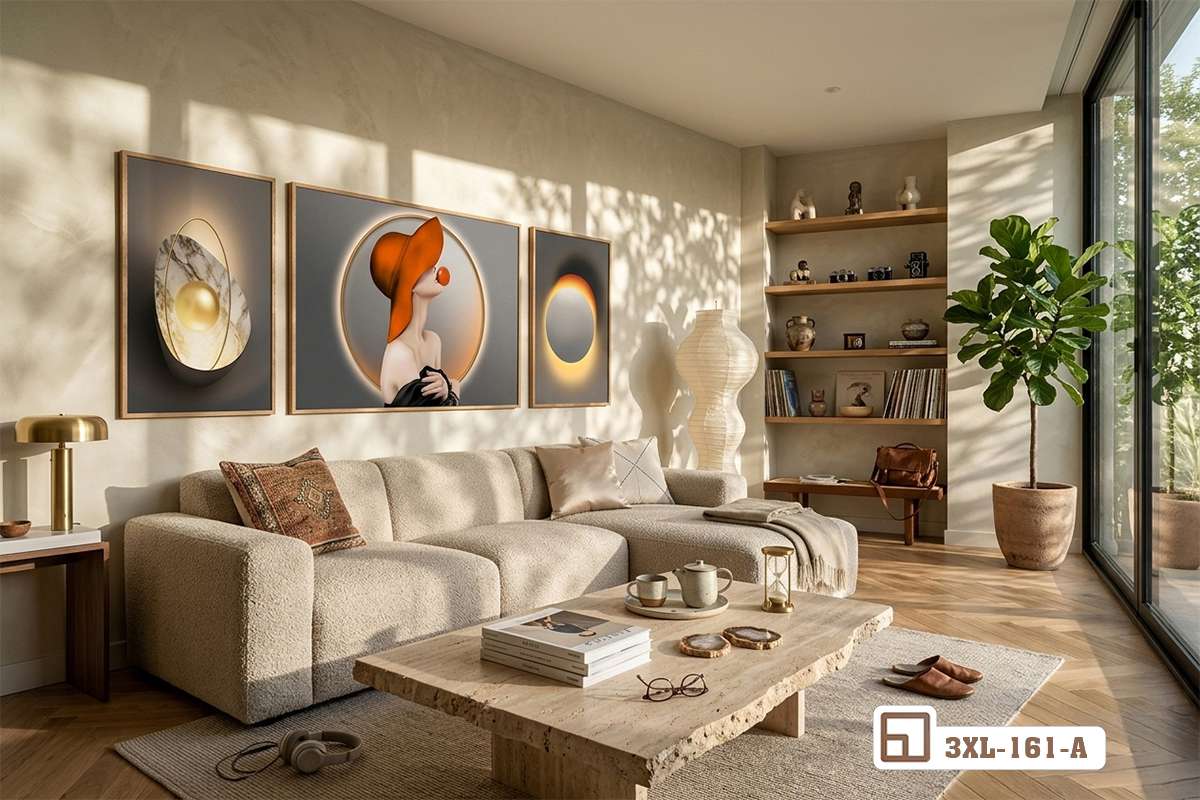 tranh trừu tượng hình khối góc rộng không gian tối giản trang trí chậu cây Phối cảnh góc rộng toàn bộ khu vực tiếp khách sang trọng với bộ tranh trừu tượng hình khối