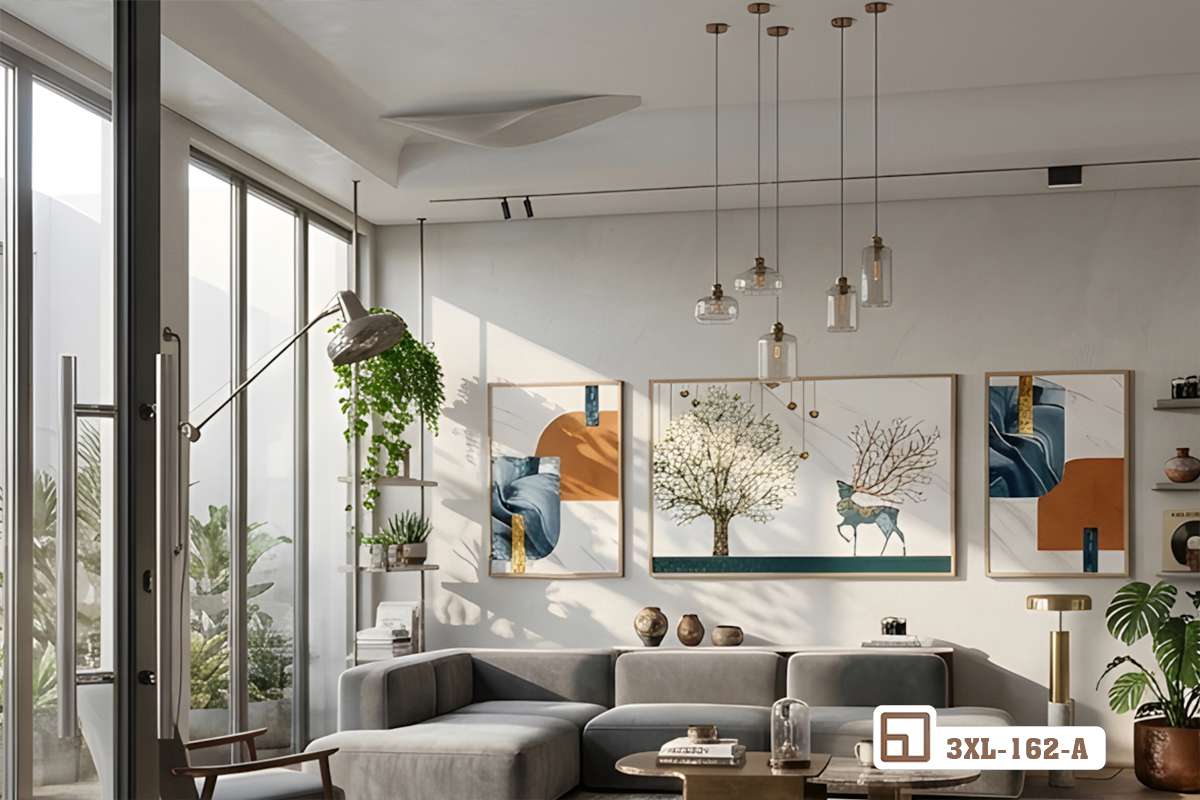 bộ tranh hươu vàng tài lộc góc chụp cận cảnh chi tiết hình tượng linh vật sắc nét Góc chụp cận cảnh làm nổi bật các chi tiết hươu vàng và vân đá cẩm thạch sắc sảo của bộ tranh