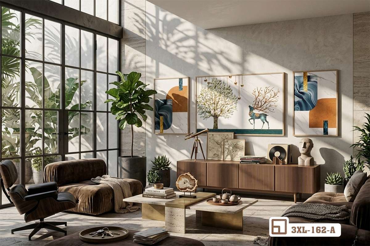 tranh hươu vàng tài lộc bố trí hài hòa với bộ bàn ghế sofa góc và bàn trà gỗ Toàn cảnh phòng khách sang trọng với bộ tranh hươu vàng tài lộc điểm xuyết hoàn hảo cùng nội thất cao cấp