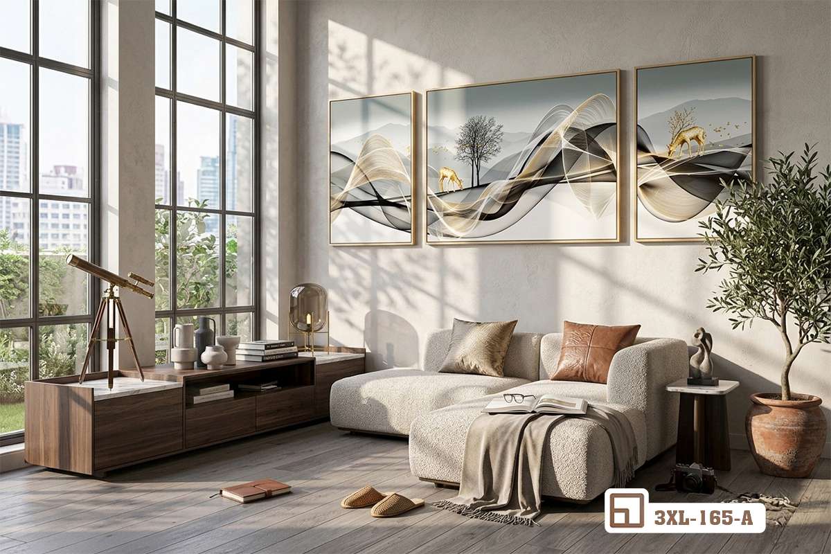 tranh trị liệu tâm hồn treo tường cạnh kệ tivi gỗ dài và chậu cây xanh tươi mát bộ tranh trị liệu tâm hồn treo tường phòng khách hiện đại cạnh kệ tivi gỗ và chậu cây xanh