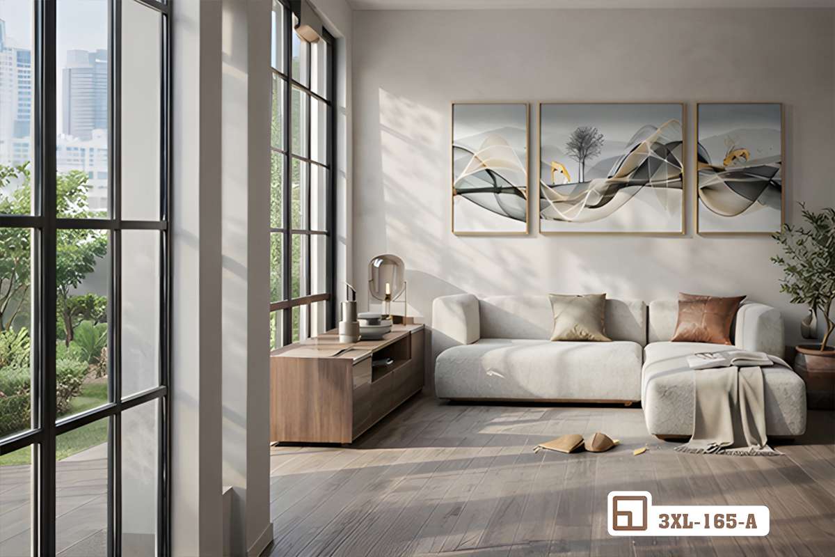 tranh treo tường cao cấp điểm tô mảng tường phòng khách cạnh ghế sofa dài êm ái bộ tranh treo tường cao cấp trang trí mảng tường phòng khách cạnh ghế sofa dài màu trắng sáng