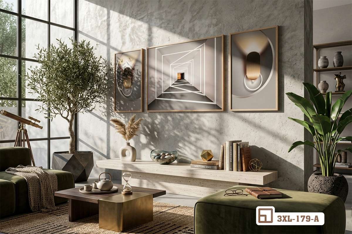 tranh kiến trúc đa chiều treo tường phòng khách hiện đại Phối cảnh treo tranh kiến trúc đa chiều phía trên ghế sofa phòng khách hiện đại