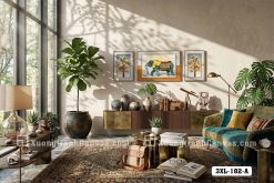 Tranh Canvas Voi Thần Tài Lộc Tông Cam Xanh Phong Cách Indochine Hiện Đại Mã-3XL-182-A 3XL 182 A Tranh Canvas Voi Thần Tài Lộc Nghệ Thuật Sang Trọng Hiện Đại m4