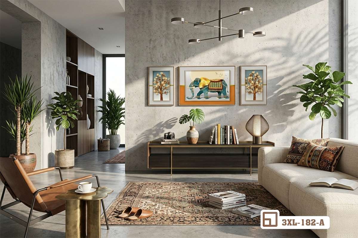 bộ tranh voi phong thủy đặt trên kệ gỗ mộc mạc cùng các vật dụng trang trí tinh tế Cận cảnh chi tiết sắc nét của bộ tranh voi phong thủy kết hợp hình ảnh cây tài lộc vương giả