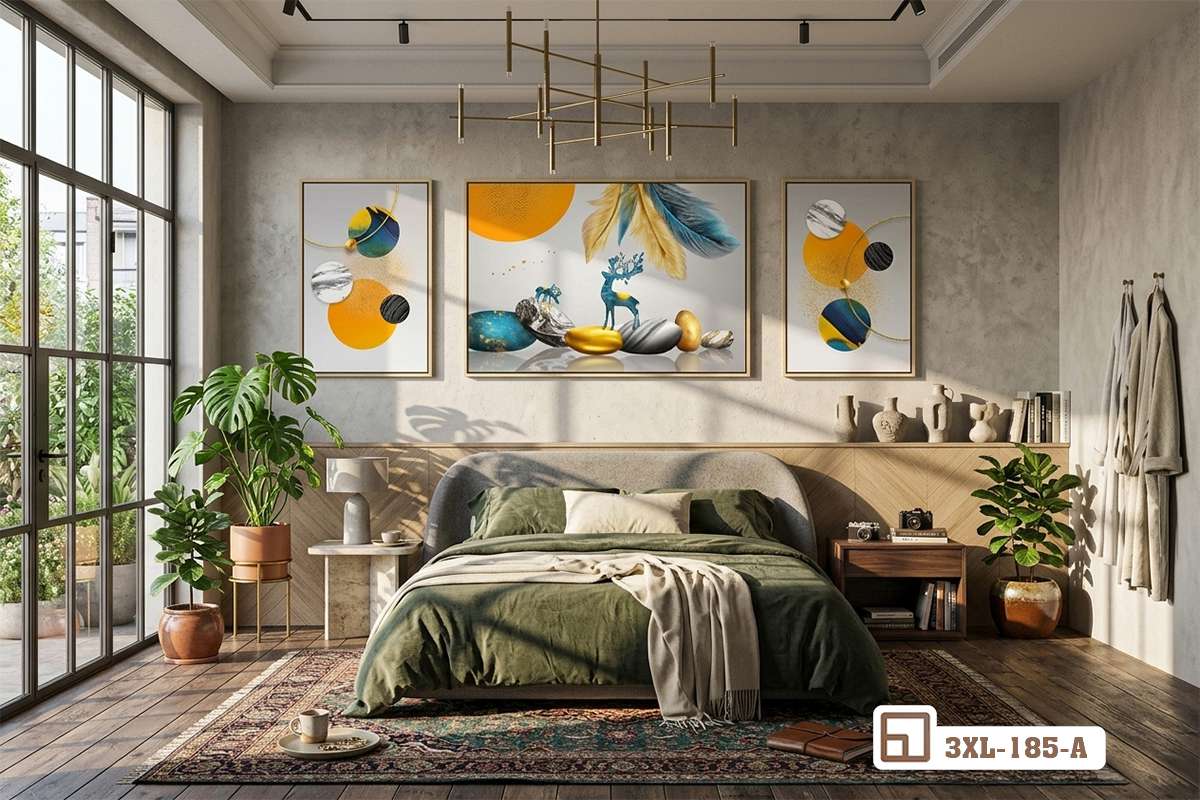 Tranh hươu vàng lông vũ kết hợp ánh sáng cửa sổ lớn Không gian phòng ngủ ngập tràn ánh sáng tự nhiên làm nổi bật bộ tranh hươu vàng lông vũ treo tường cao cấp