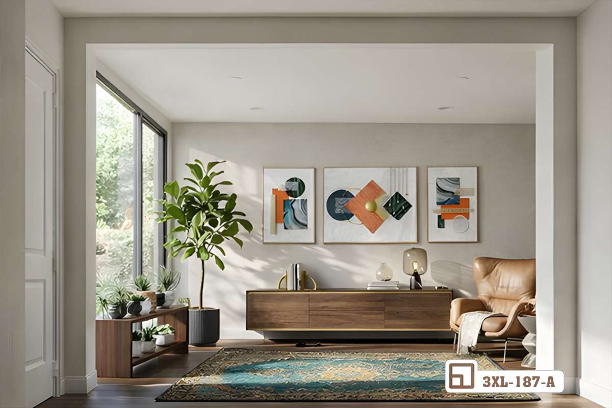 bộ tranh treo tường hình học treo phía trên bộ ghế sofa trong phòng khách rộng Bộ tranh treo tường hình học tạo điểm nhấn ấn tượng phía trên bộ ghế sofa phòng khách lớn