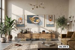Tranh Canvas Nghệ Thuật Trừu Tượng Tông Xanh Ghi Hiện Đại 3Xl-258-A Mã-3XL-258-A 3XL 258 A Tranh Canvas Trừu Tượng Khối Hình Học Và Lá Vàng Kim Hiện Đại m3