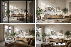 Tranh Canvas Nghệ Thuật Trừu Tượng Tông Xanh Ghi Hiện Đại 3Xl-258-A Mã-3XL-258-A 3XL 258 A Tranh Canvas Trừu Tượng Khối Hình Học Và Lá Vàng Kim Hiện Đại m5