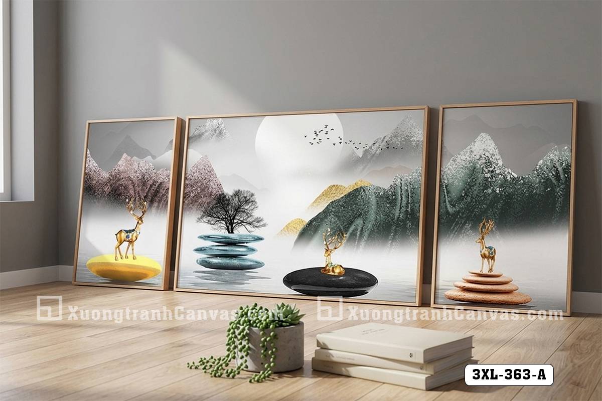 Tranh Canvas Sơn Thủy Hữu Tình Trừu Tượng Tông Xám Vàng Đẳng Cấp Hiện Đại Mã-3XL-363-A Tranh Canvas Sơn Thủy Hữu Tình Trừu Tượng Tông Xám Vàng Đẳng Cấp Hiện Đại