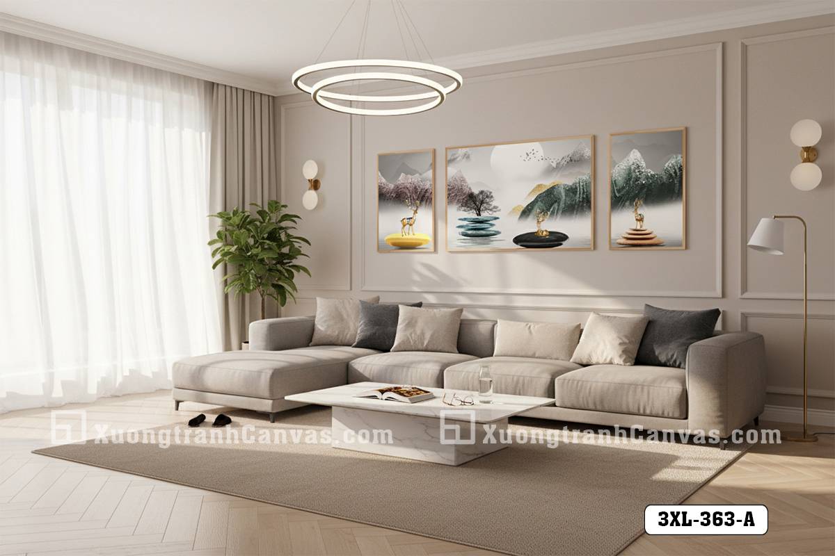 Tranh Canvas Sơn Thủy Hữu Tình Trừu Tượng Tông Xám Vàng Đẳng Cấp Hiện Đại Mã-3XL-363-A Tranh Canvas Sơn Thủy Hữu Tình Trừu Tượng Tông Xám Vàng Đẳng Cấp Hiện Đại