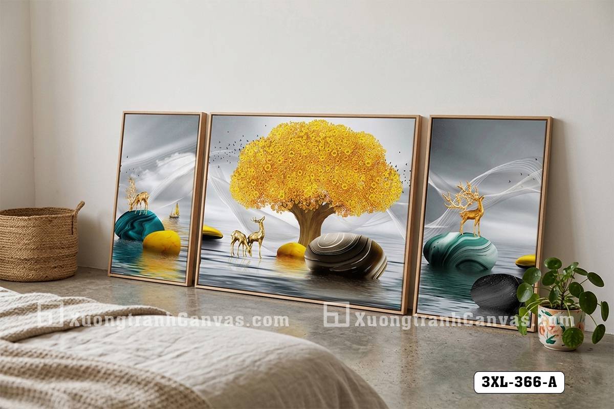 Tranh Canvas Cây Tùng Vàng Trừu Tượng Tông Xám Vàng Sang Trọng Mã-3XL-366-A Tranh Canvas Cây Tùng Vàng Trừu Tượng Tông Xám Vàng Sang Trọng