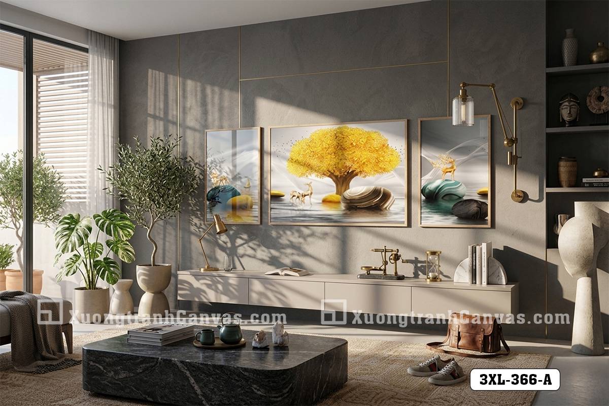 Tranh Canvas Cây Tùng Vàng Trừu Tượng Tông Xám Vàng Sang Trọng Mã-3XL-366-A Tranh Canvas Cây Tùng Vàng Trừu Tượng Tông Xám Vàng Sang Trọng