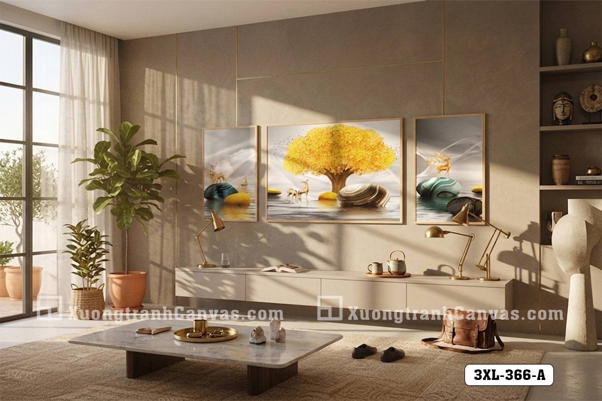 Tranh Canvas Cây Tùng Vàng Trừu Tượng Tông Xám Vàng Sang Trọng Mã-3XL-366-A Tranh Canvas Cây Tùng Vàng Trừu Tượng Tông Xám Vàng Sang Trọng