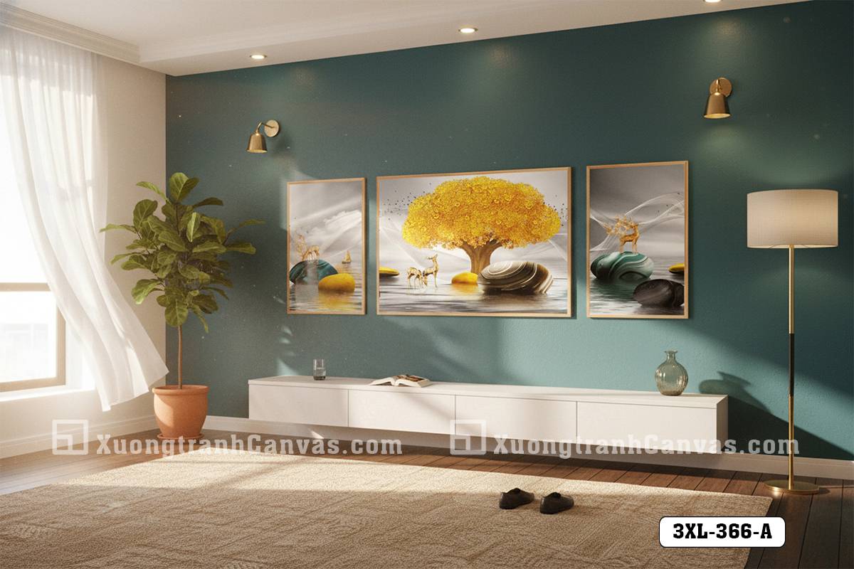 Tranh Canvas Cây Tùng Vàng Trừu Tượng Tông Xám Vàng Sang Trọng Mã-3XL-366-A Tranh Canvas Cây Tùng Vàng Trừu Tượng Tông Xám Vàng Sang Trọng
