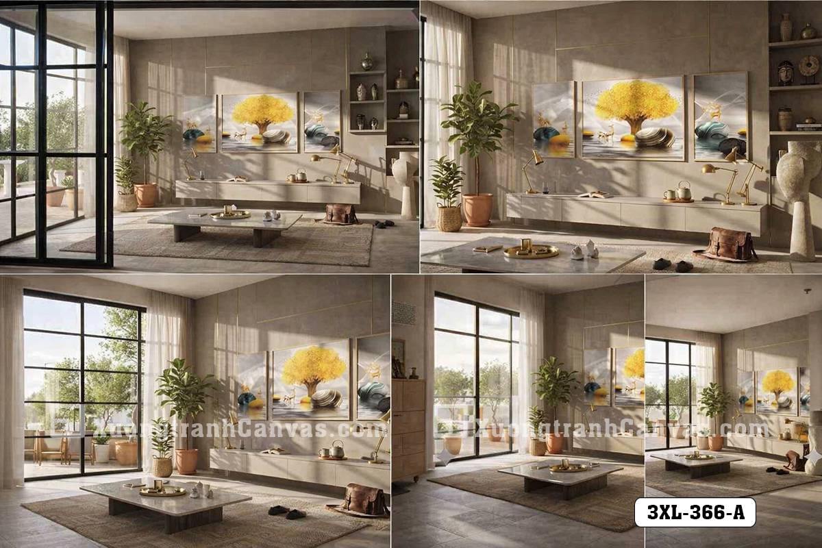 Tranh Canvas Cây Tùng Vàng Trừu Tượng Tông Xám Vàng Sang Trọng Mã-3XL-366-A Tranh Canvas Cây Tùng Vàng Trừu Tượng Tông Xám Vàng Sang Trọng
