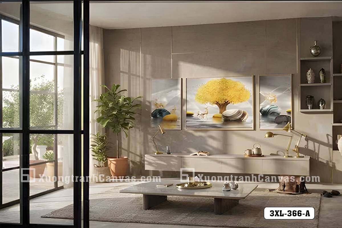 Tranh Canvas Cây Tùng Vàng Trừu Tượng Tông Xám Vàng Sang Trọng Mã-3XL-366-A Tranh Canvas Cây Tùng Vàng Trừu Tượng Tông Xám Vàng Sang Trọng