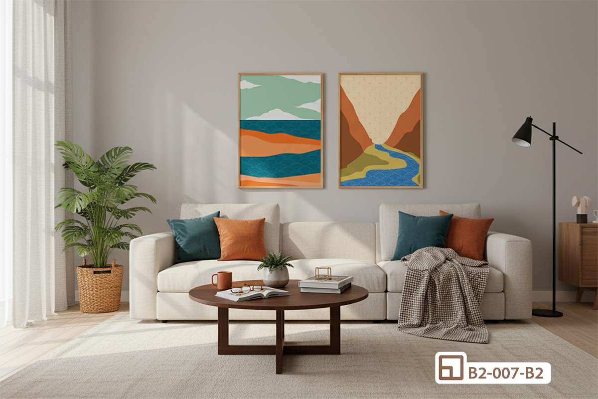 bộ tranh phong cảnh thiên nhiên treo phía sau sofa phòng khách góc rộng cao cấp Không gian phòng khách rộng mở với bộ tranh phong cảnh thiên nhiên treo tường phía sau ghế sofa màu sáng và thảm lông êm ái