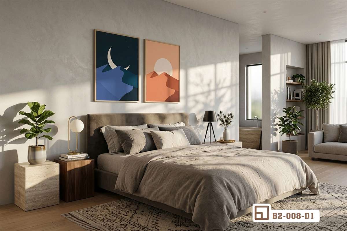 bộ tranh treo tường phong cảnh đồi cát trang trí phòng ngủ ấm cúng Bộ tranh treo tường phong cảnh đồi cát bố trí phía trên giường ngủ với tông màu trầm ấm và ánh sáng tự nhiên dịu nhẹ