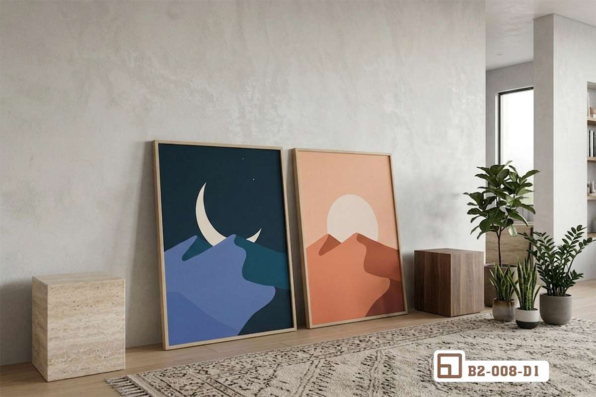 bộ tranh đồi cát tối giản tựa nhẹ trên sàn nhà gần vách tường sáng màu Bộ tranh đồi cát tối giản đặt tựa tự nhiên trên sàn gỗ sáng màu sát bức tường trắng tinh khôi ngập tràn ánh nắng