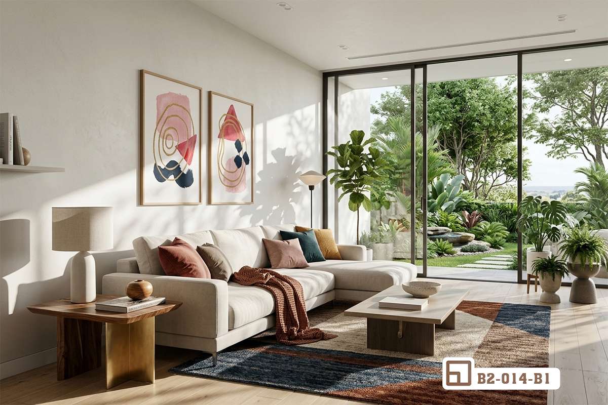 tranh hình học trừu tượng phòng khách hiện đại cạnh cửa sổ lớn Phòng khách hiện đại trang trí tranh hình học trừu tượng gần khung cửa sổ kính ngập tràn ánh sáng