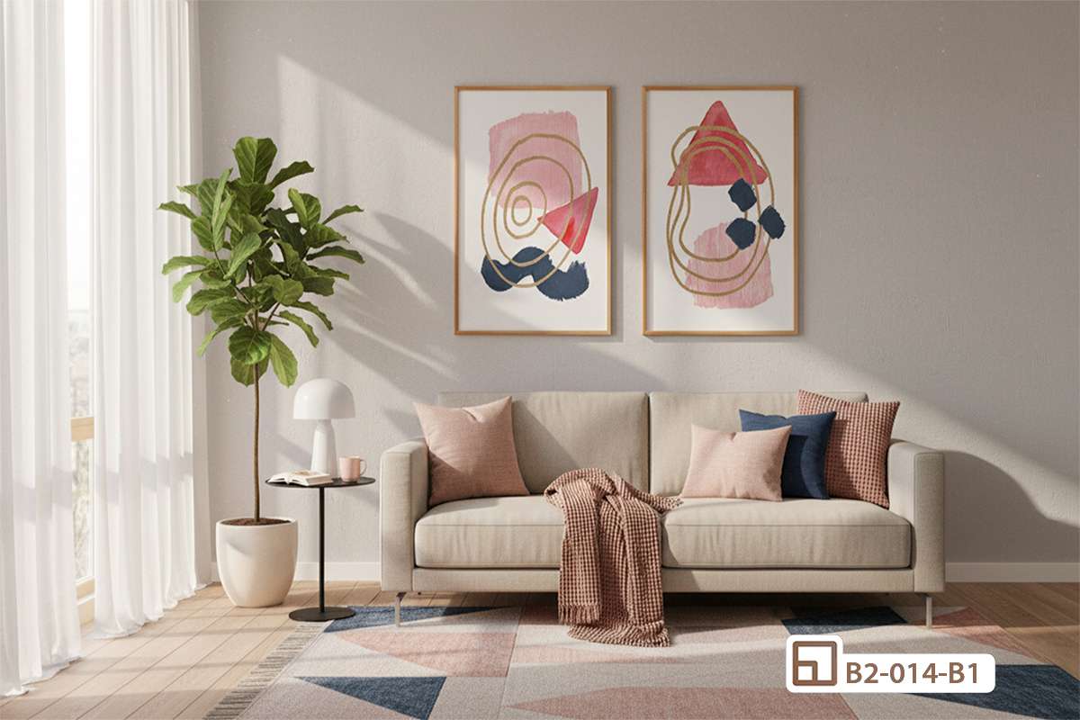 tranh hình học trừu tượng treo tường phòng khách trên ghế sofa Phòng khách sang trọng với tranh hình học trừu tượng treo tường phía trên bộ ghế sofa êm ái