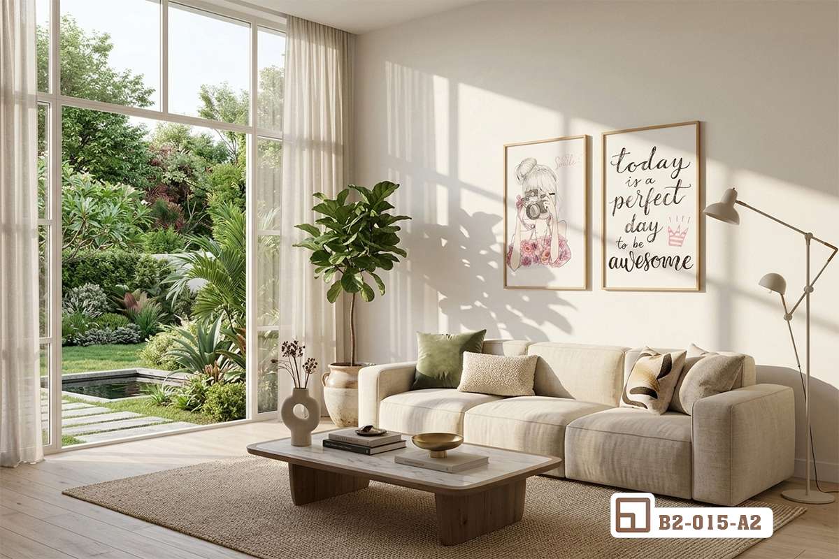 tranh thiếu nữ nghệ thuật bố trí không gian phòng khách rộng rãi bàn gỗ Phòng khách ngập tràn ánh sáng điểm xuyết tranh thiếu nữ nghệ thuật trên tường trắng