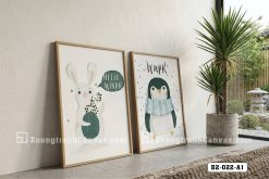 B2 022 A1 Tranh Canvas Cho Bé Hình Động Vật Dễ Thương Tông Xanh Pastel m1