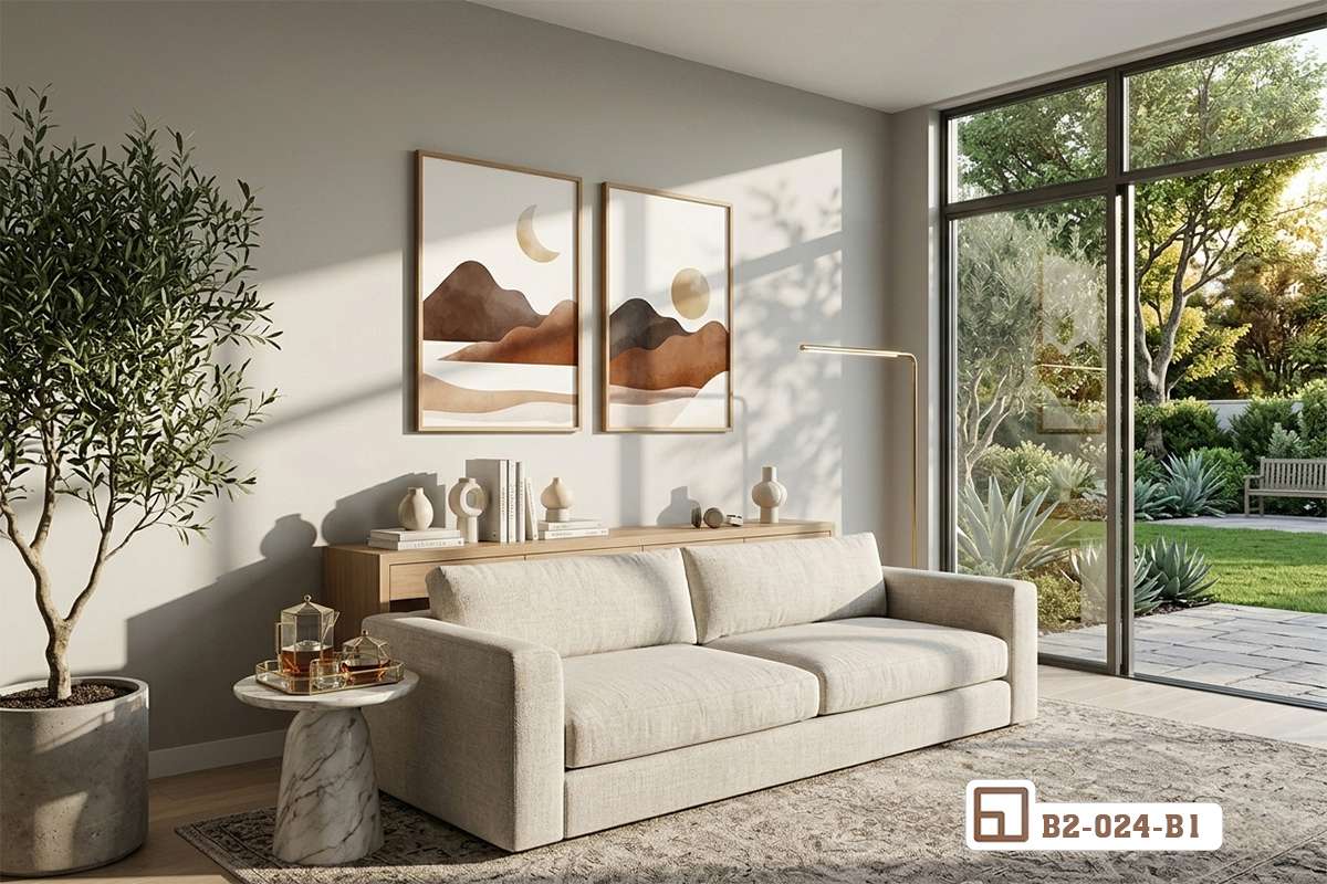 bộ tranh mặt trăng phòng khách ghế sofa sáng màu cây ô liu Không gian phòng khách hiện đại có bộ sofa sáng màu và chậu cây ô liu xanh mát bên tranh phong cảnh mặt trăng