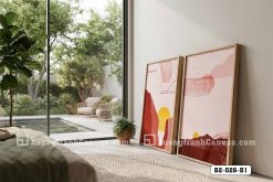 B2 026 B1 Tranh Canvas Phong Cảnh Núi Non Mặt Trời Đỏ Trừu Tượng Tông Cam Đất m2