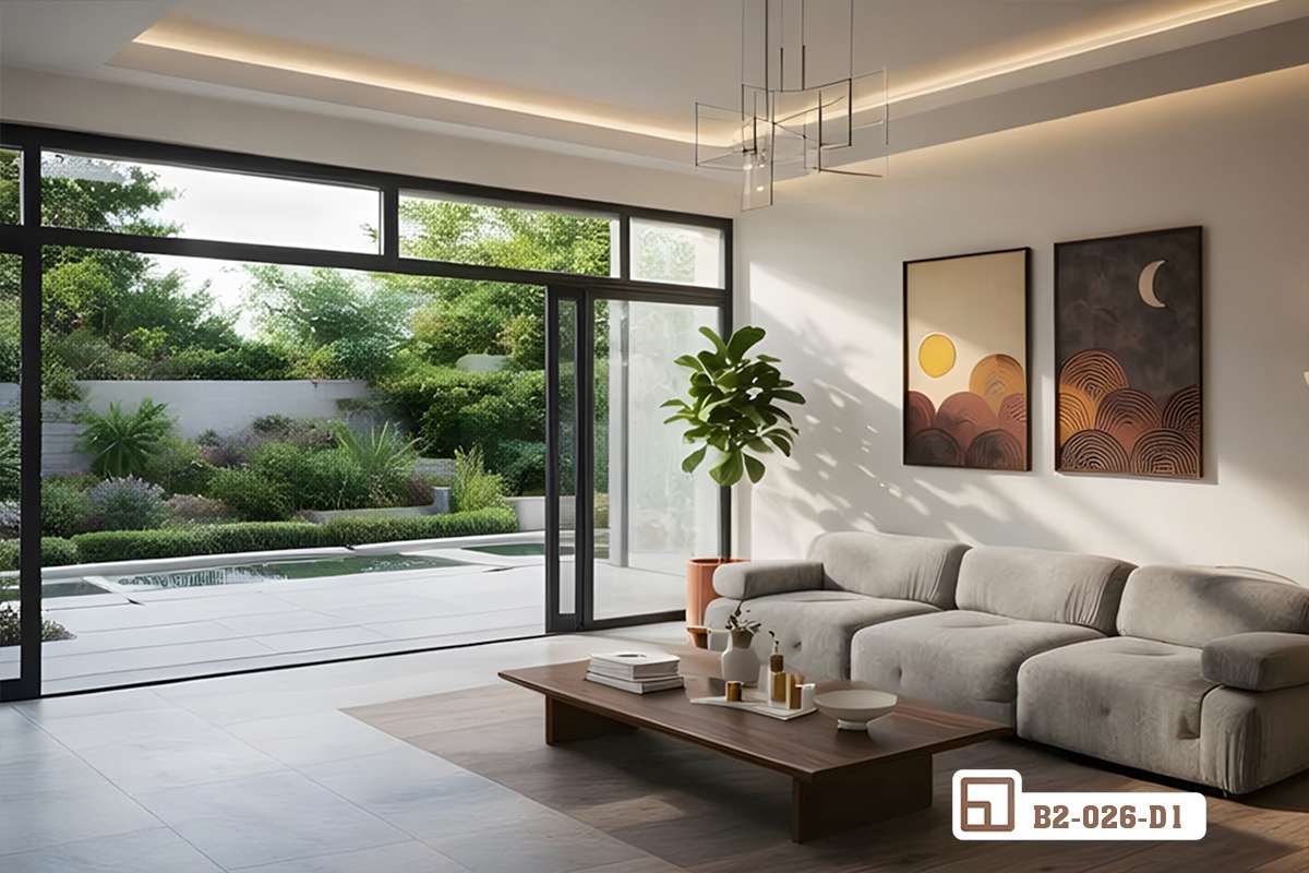 bộ tranh hoàng hôn không gian mở hướng cửa kính ngập tràn cây xanh Phòng khách nội thất mở tràn ngập ánh sáng hướng ra sân vườn trang trí tranh phong cảnh hoàng hôn