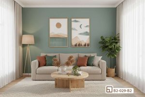 B2 029 B2 m6 tranh phong canh mat troi phoi hop phong khach tuong xanh sang trong xuongtranhcanvas