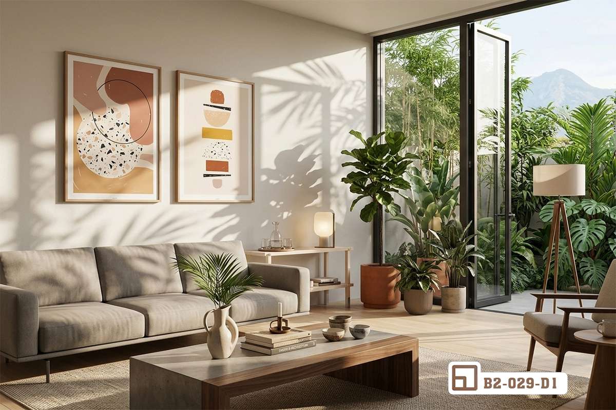 tranh nghệ thuật đặt trên bàn gỗ phòng khách hiện đại tối giản Hai bức tranh họa tiết trừu tượng được bố trí gọn gàng trên chiếc bàn gỗ mộc mạc tại không gian phòng khách hiện đại