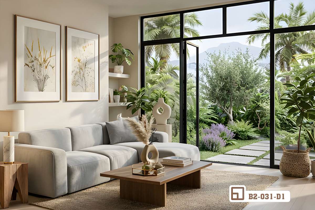 tranh hoa cỏ đồng quê treo tường không gian tiếp khách cạnh đèn cây đứng Bức tranh hoa cỏ đồng quê nghệ thuật treo trang trí khu vực tiếp khách mang lại cảm giác thư thái yên bình cho cả gia đình